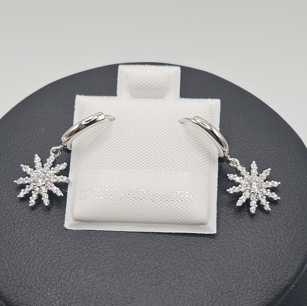 Sterling Silver 925 Rhodium Plated Sun Clear CZ Huggies Hoop Earrings - Picture 3 of 5